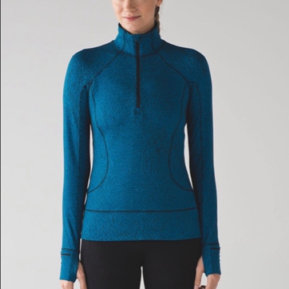 Lululemon Rush Hour aqua blue black print half-zip top Luon Spray Jacquard EUC